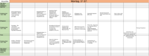 Tabelle mit dem Programm für den Montag vom System Change Camp 2023, 