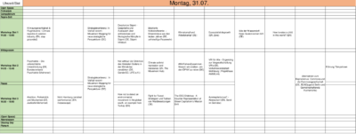 Table with the programme for Monday of the System Change Camp 2023